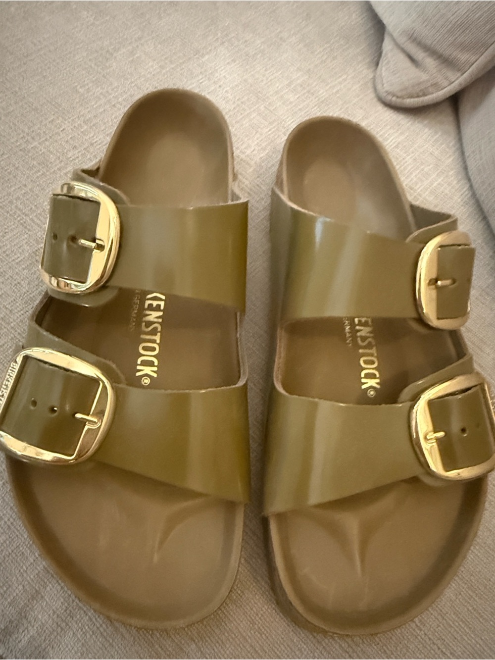 Birkenstock Olive Two-Strap Sandals with Gold Buckles- Never worn!